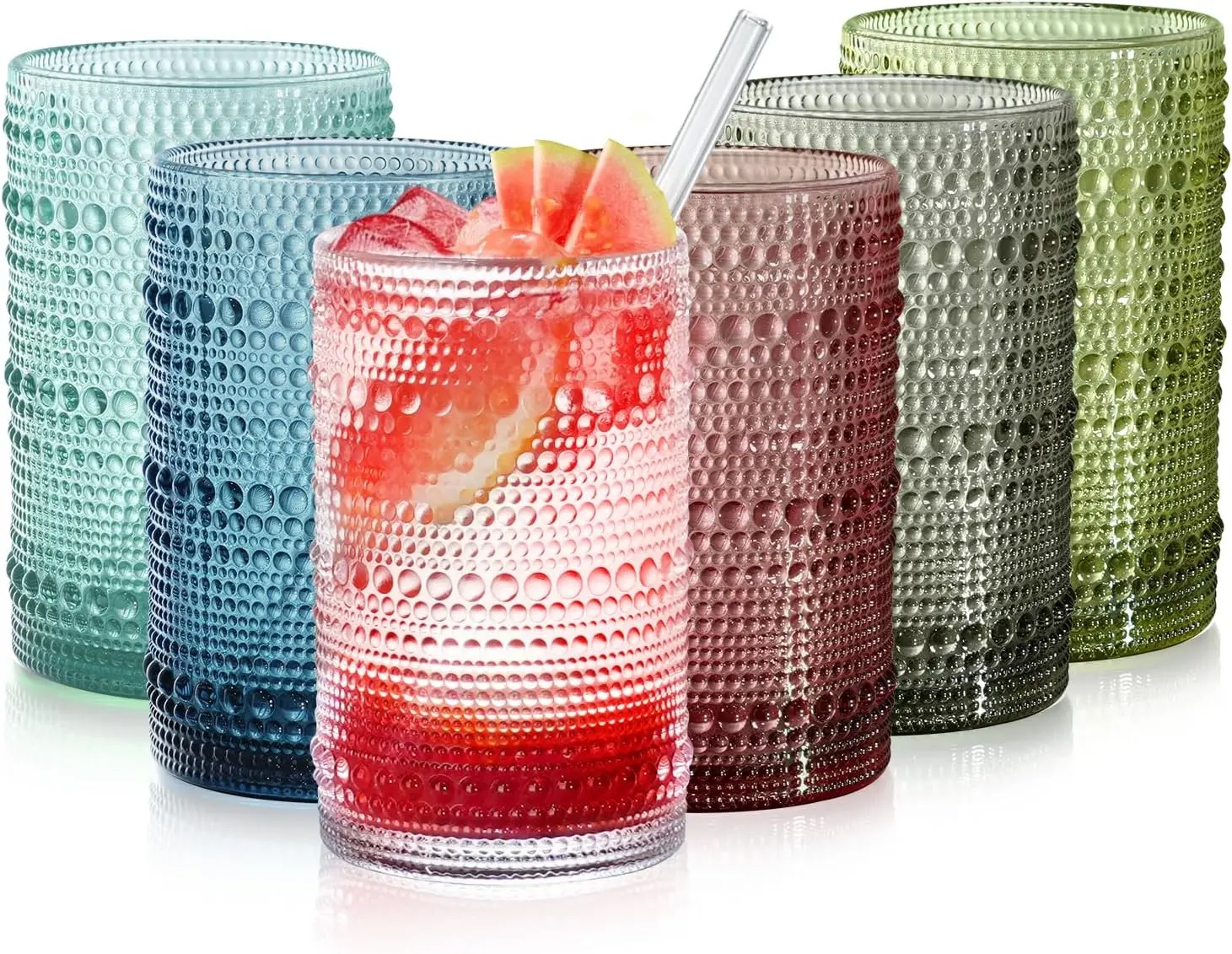 15oz Colored Hobnail Drinking Glasses, Vintage Glasses Drinking Set of 6, Embossed Beaded Glass Cups for Kitchen, Beer, Juice, Cocktail, Whiskey, Milk