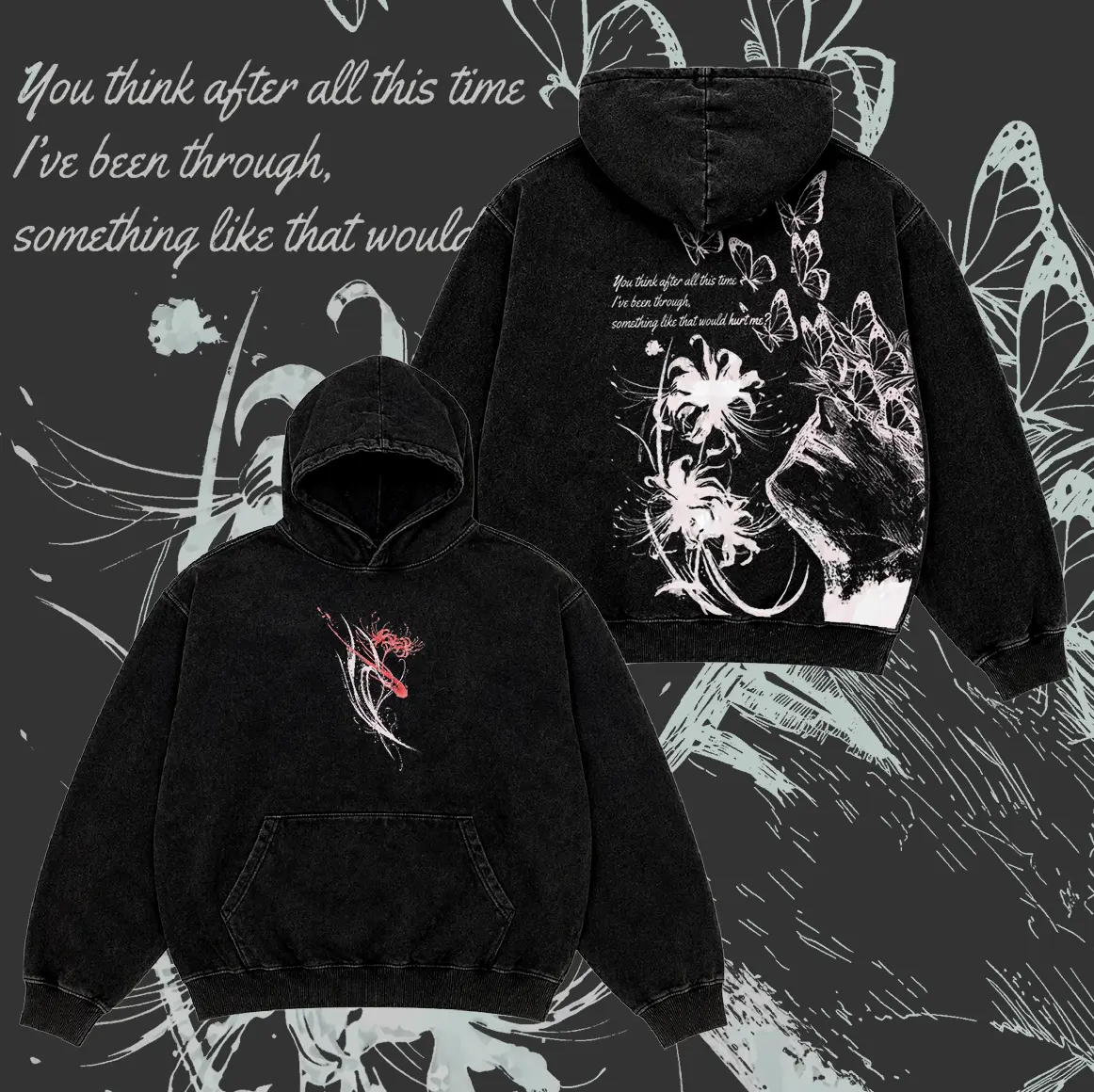 Unisex Menswear Ken Kaneki Tokyo Ghoul Inspired Garment - Dark Aesthetic Spider Lily Butterfly Graphic, Smooth Fabric Kangaroo Pocket Vintage Washed Japanese Streetwear Hoodie Sweatshirt Tank Top T-Shirt