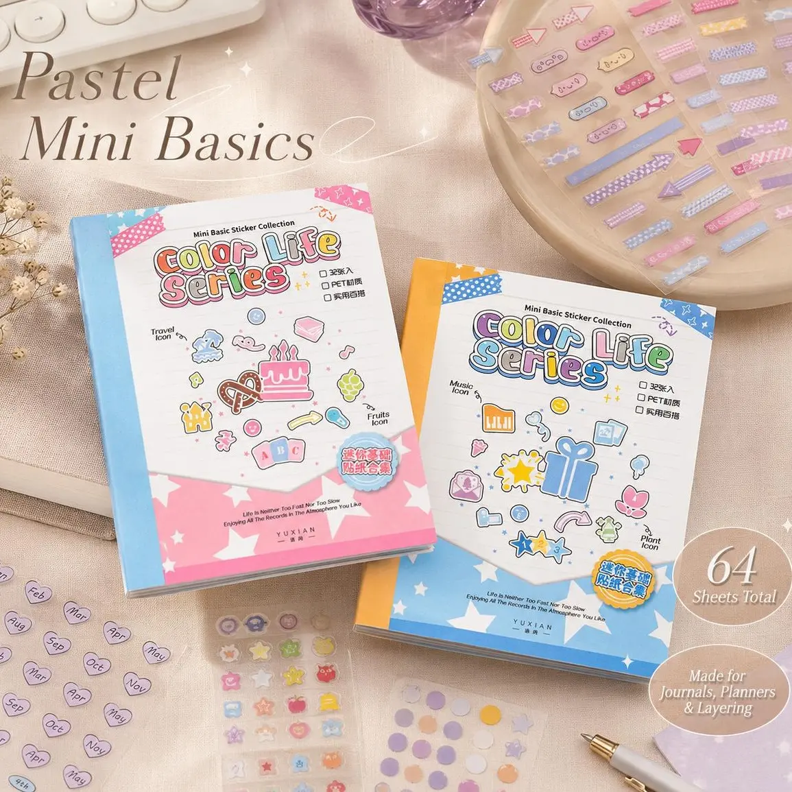 Mini Aesthetic PET Sticker Book (2 Styles, 1/2-Book Bundle) - 4000+ Pcs, 32 Sheets Pink & Blue Water Resistant Art Stickers for Journaling, Scrapbooking, Decorative Elements, Embellishment, Enhances Scrapbook Layouts, DIY Crafts