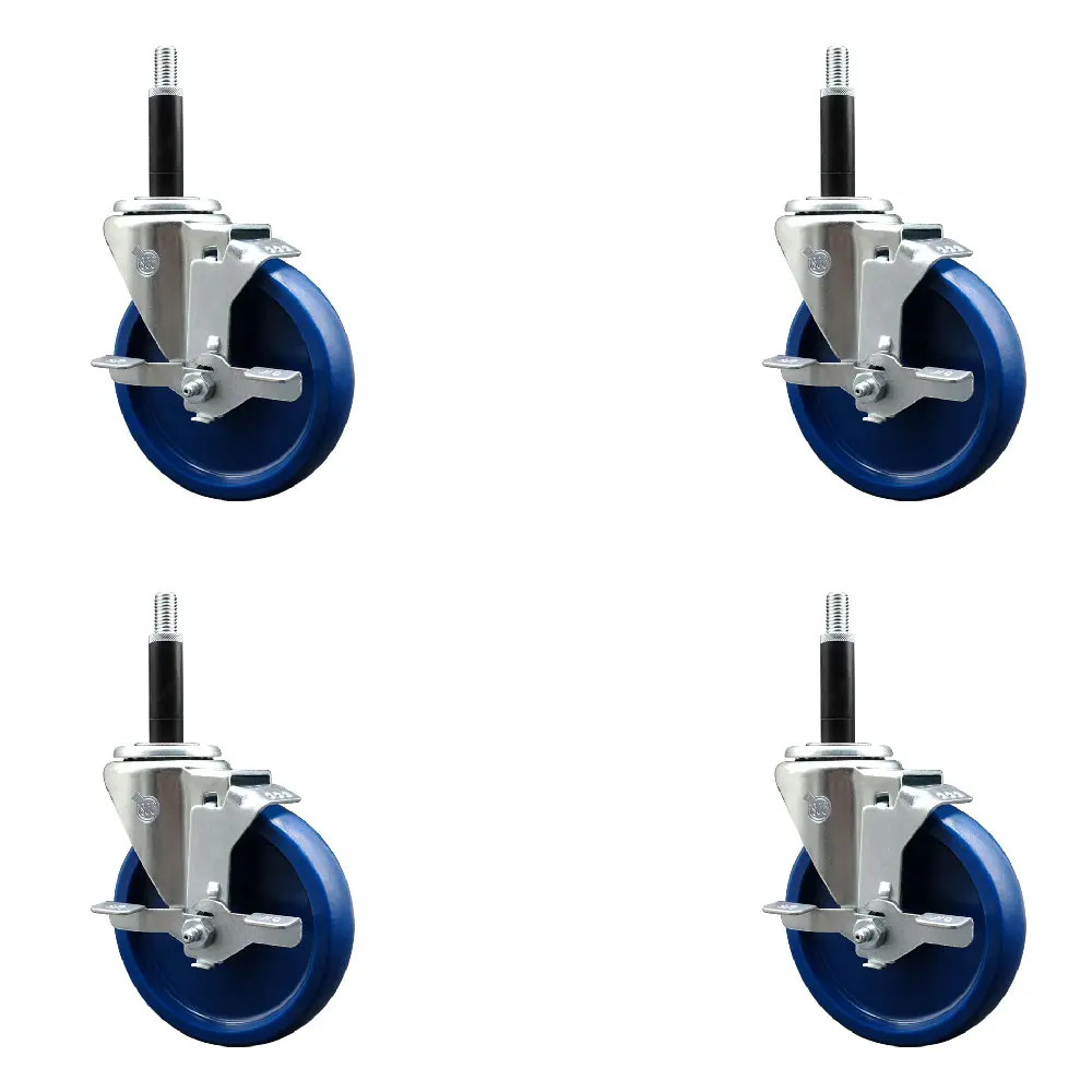 Heavy Duty Lockable Wheels (Set of 4, Model SCC-EX20S514-SPUS-TLB-34-4) - 5 in. Blue Solid Polyurethane Swivel Expanding Stem Casters, 0.75 in. Stem, Top Locking Brakes, 300 lbs per Caster for Shop Projects, Work Tables