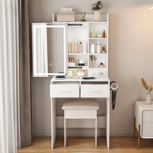 Small Makeup Vanity Desk with LED Mirror & Power Outlet, Space-Saving Dressing Table with Hidden Storage & Padded Stool, Includes Shelf for Small Bedroom