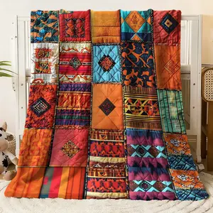 Bohemian Ethnic Patchwork Flannel Blanket - Colorful Geometric Tribal Printed Cozy Soft Throw for Bed Sofa Couch. This artfully designed quilted blanket features assorted squares in vibrant hues of o