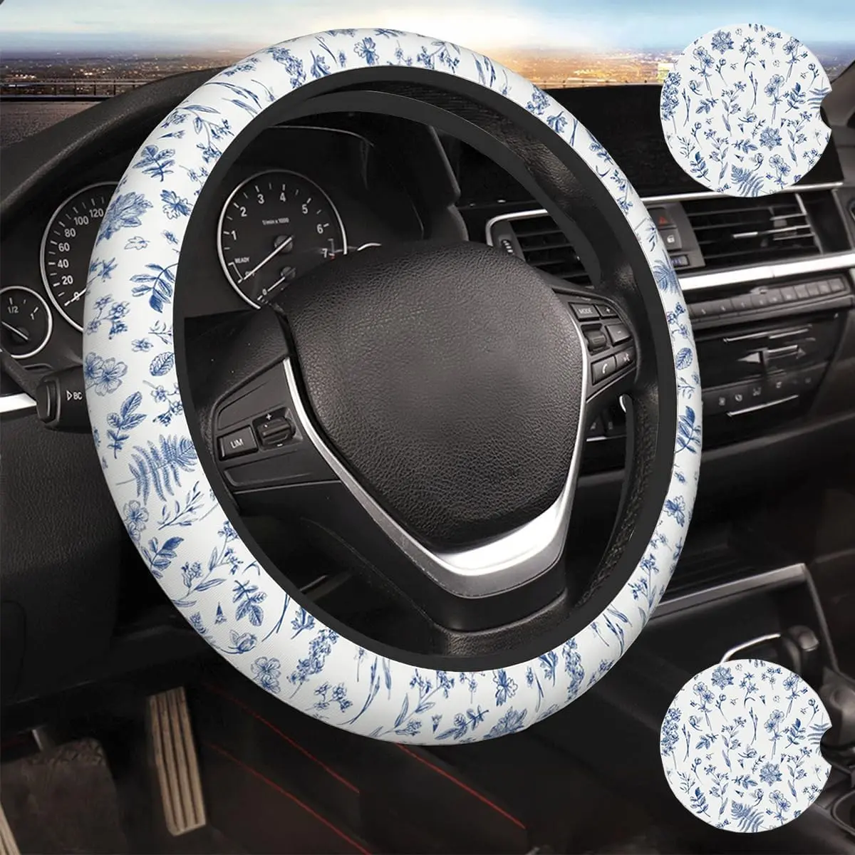 Blue Flower Automotive Steering Wheel Cover - Car Interior Decoration, Cars Accessories, Auto Accessories with Tight-Fit Protection, Helps Stop Wheel Fade, Car Decorating