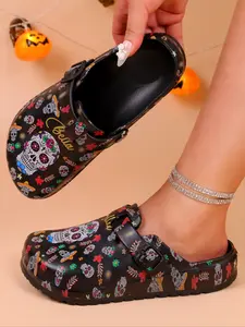 Women's Halloween Rose Skull Winter Shoes, Anti-Slip Indoor Outdoor Platform Flats, Warm Cushioned Sole, Perfect Party, Casual Slipper Shoes, Soft Cushioned Slippers