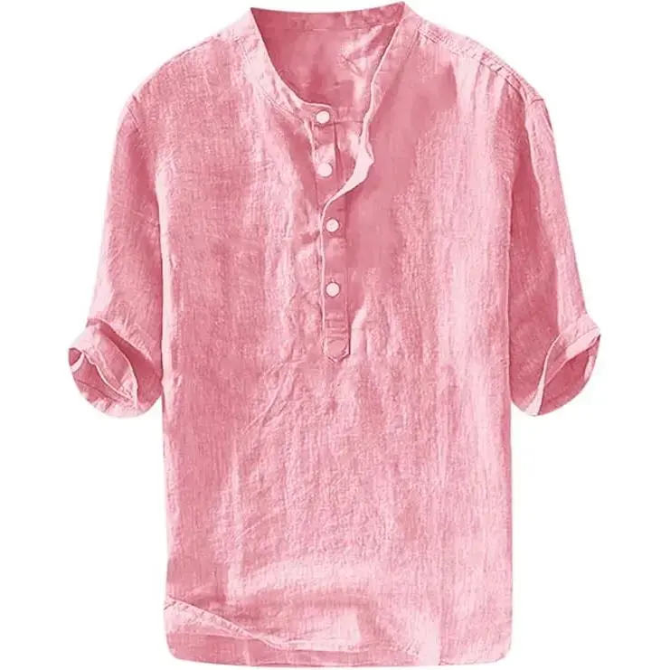 Runcati Mens Linen Shirts Casual Cotton 3/4 Sleeve Regular-Fit Henley T-Shirt Summer Lightweight Beach Yoga Tops