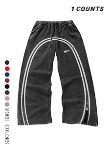 Unisex Cotton Sport Pants, Drawstring Waist Sweatpants, Side Stripes, Drawstring Waist, Zipper Ankle, Wide-Leg, Comfortable, All-Season, Streetwear, Couples Style