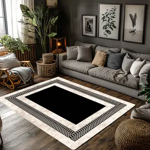 Modern Geometric Border Crystal Velvet Area Rug Black Beige Frame Non‑Slip Minimalist Living Room Rug#GeometricBorderRug #FrameMat #MinimalistHomeDecor #BlackBeigeCarpet #CrystalVelvetRug