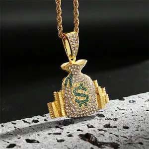 MaxBling81 ICED $ MONEY BAG CUBIC ZIRCONIA CHARM PENDANT & 4mm 18" 20" 24" ROPE CHAIN 14K Gold / Silver Plated Hip Hop Celebrity Style Jewelry Accessory