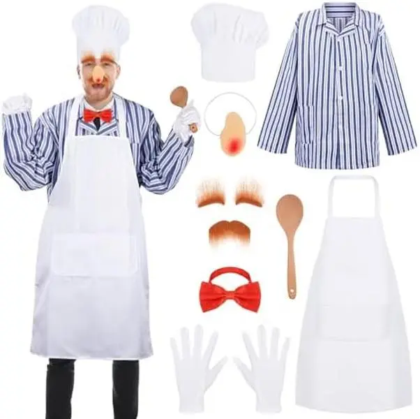 Men's Swedish Chef Costume Set - 8-Piece Menswear Cosplay Kit with Striped Shirt, Tall Hat, White Apron, Self-Adhesive Eyebrows and Beard, Elastic Band for Halloween, Cooking-Themed Parties, 1 Self-Adhesive Eyebrows And Beard, 1 Striped Chef Shirt, 1 Tall