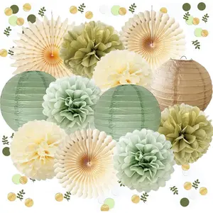Sage Green Party Decorations Sage  Cream Tissue Paper Pom Poms Paper Lanterns Sage Green Confetti Dots Scatter Table Decoration for  Shower Birthday Wedding Engagement Party Decorations