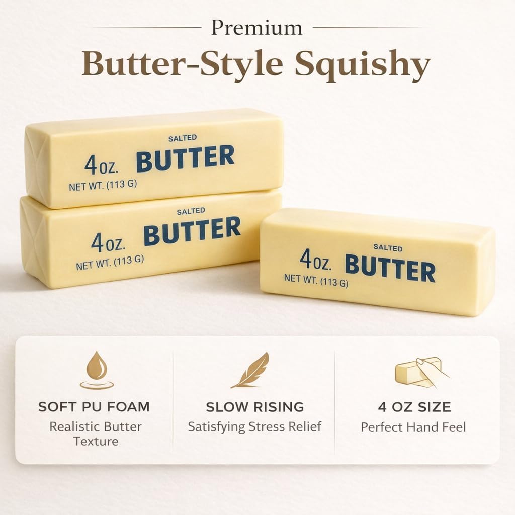 Slow Rising Butter Squishy Soft Foam Squeeze Ball Cute Realistic Food Design Stress Relief Fidget Tool Portable Relaxing Gadget for Office Work Study Home Travel and Daily Relaxation