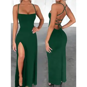 Fitted Sexy High Slit Criss-Cross Strap Tie-Up Long Dress For Women