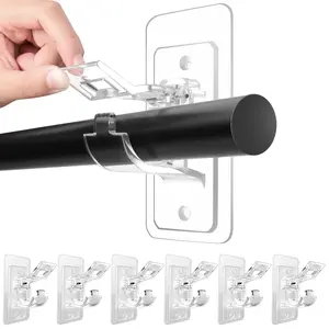 6-Pack No Drill Curtain Rod Holders Nail Free Self Adhesive Brackets Strong Hold Transparent Hooks for Home Bathroom Decor
