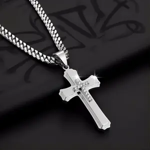 Stainless steel multi-layer cross with zircon pendant hip-hop high-end men's necklace Christmas gift