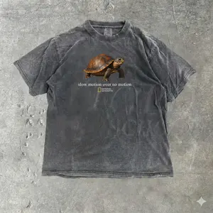 National Geographic Turtle Graphic Tee | "Slow Motion Over No Motion" Vintage Charcoal Shirt | Aesthetic Nature Lover Gift | Retro Wildlife Streetwear | Oversized Comfort Colors Style Top