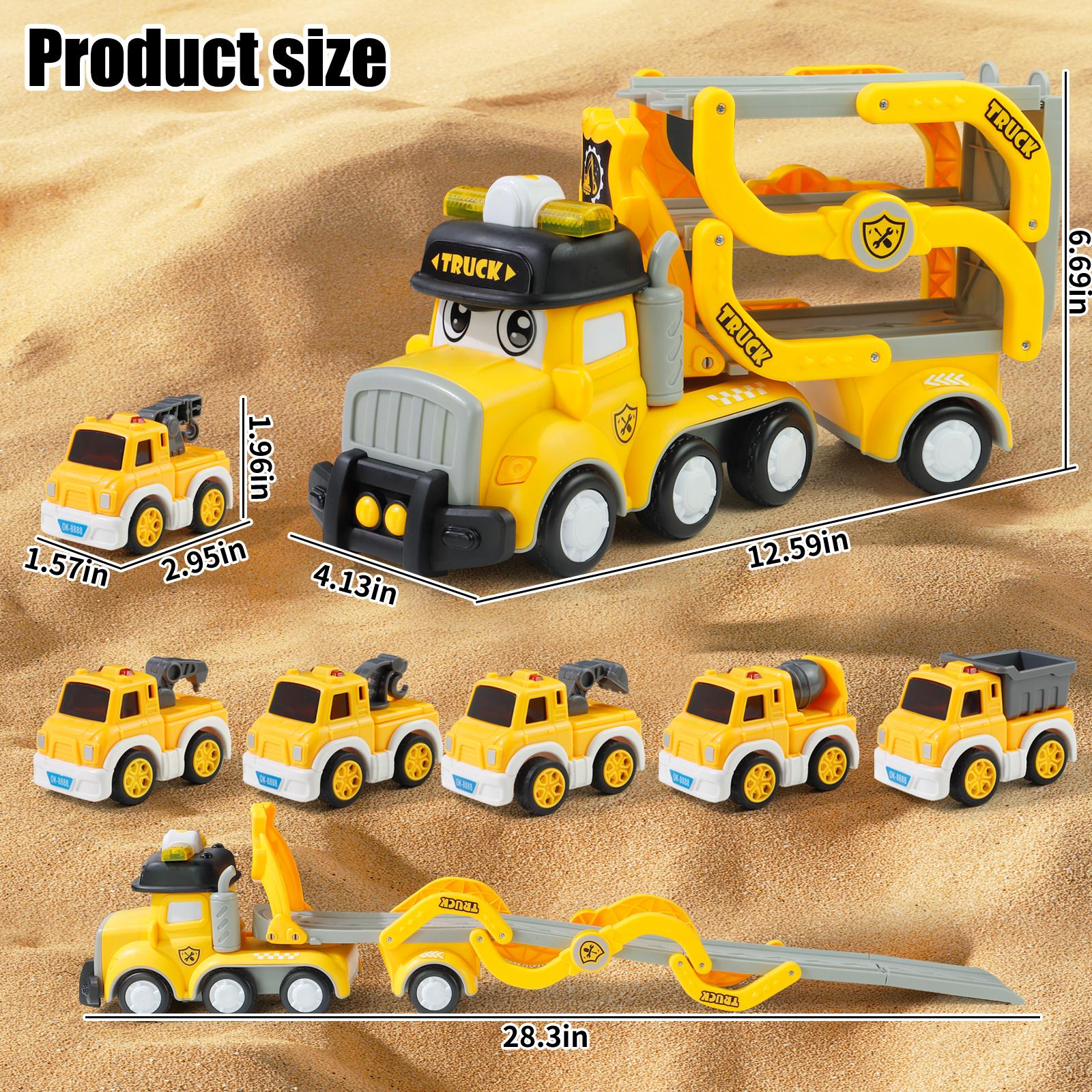 7-in-1 Transporter Car Carrier Truck Toy for Kids with  6 Mini Construction Vehicles, Track, Music, Lights