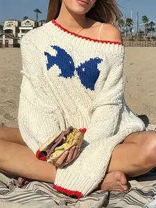 A set of women's casual white small fish pattern knitted sweaters, Fall Winter Knit, suitable for autumn and winter, suitable for home, indoor, and outdoor wear