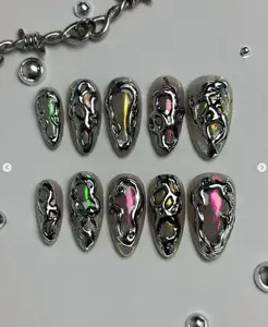 Dark Gothic Snake Press On Nails | Deep Red Chrome Set with 3D Crosses, Chains & Serpents | Punk Rock Nail Art with Silver Metal Accents