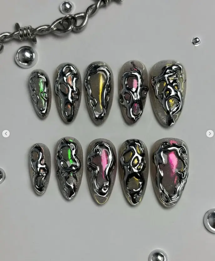 Dark Gothic Snake Press On Nails | Deep Red Chrome Set with 3D Crosses, Chains & Serpents | Punk Rock Nail Art with Silver Metal Accents