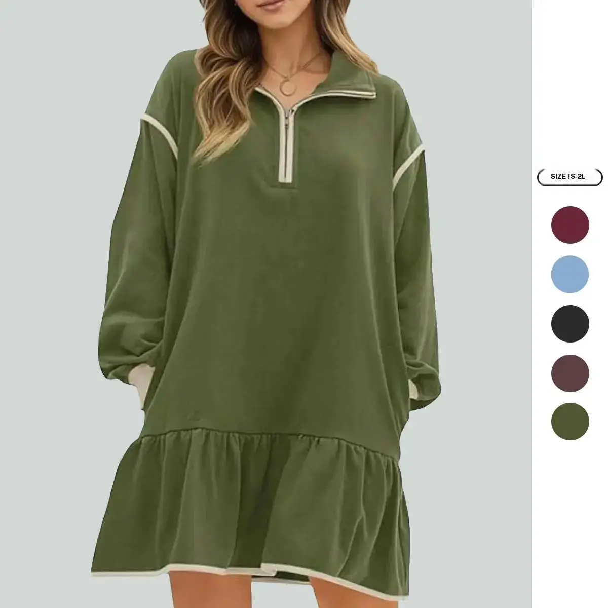 Imily Bela Womens Fall Oversized Sweatshirt Dress Casual Long Sleeve Quarter Zip Ruffle Hem Pullover Mini