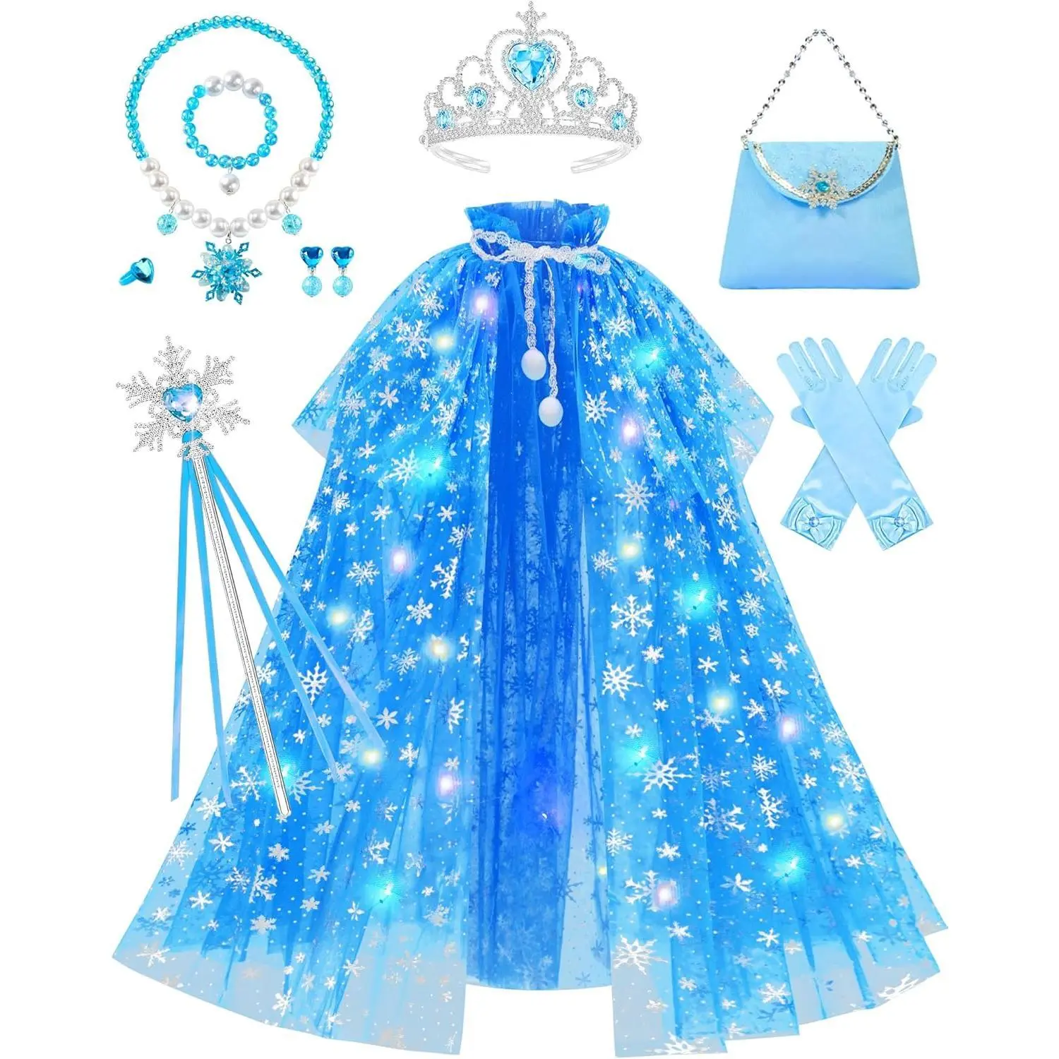 Z-MTS30 9Pcs Cute Light Up Princess Cape Set for 3-8Yrs Girls - Breathable, Durable Roleplay Cosplay Outfit with Purse, Crown, Ear Clips, Gloves, Necklace, Bracelet - Halloween, Birthday Gift (Matches Princess Characters)