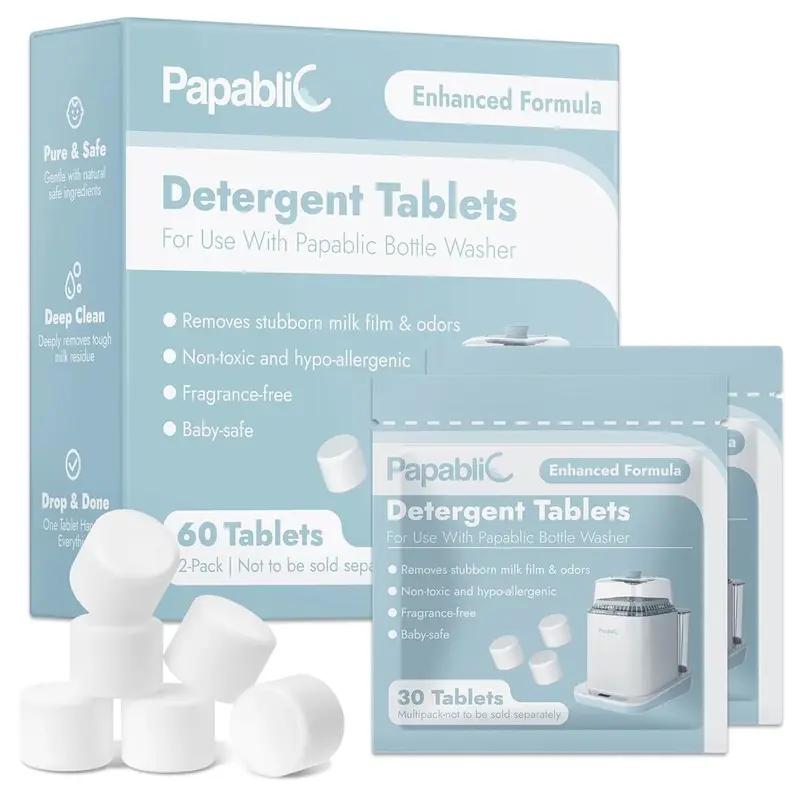 Papablic Bottle Washer Tablets - 60pcs Ultra Concentrated Dissolvable Detergent with Mild, Baby-Friendly Ingredients, Universal Fit for Momcozy, GROWSY, Baby Brezza & All Brands, Stubborn Milk Residue Remover#sohochic