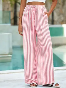 TikTok Viral 90S Retro Striped Wide Leg Pants, High Waist Adjustable Drawstring Elastic Waist Trousers, Loose Flowy Baggy Beach Vacation Pants with Pockets, Summer Aesthetic Casual Streetwear
