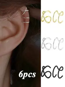 6pcs Non-Piercing Stainless Steel C-Shaped Clip-On Earrings, Minimalist Design, Hypoallergenic Jewelry for Sensitive Skin