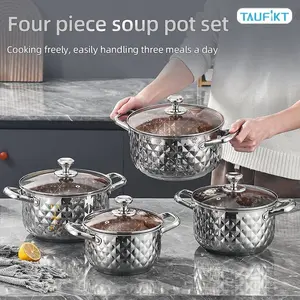 Stainless Steel Cookware Set, 4 Pots & 4 Glass Lids, Ideal for Family Meals & Curry & Stews and Soups, Thickened Material, Easy to Clean
