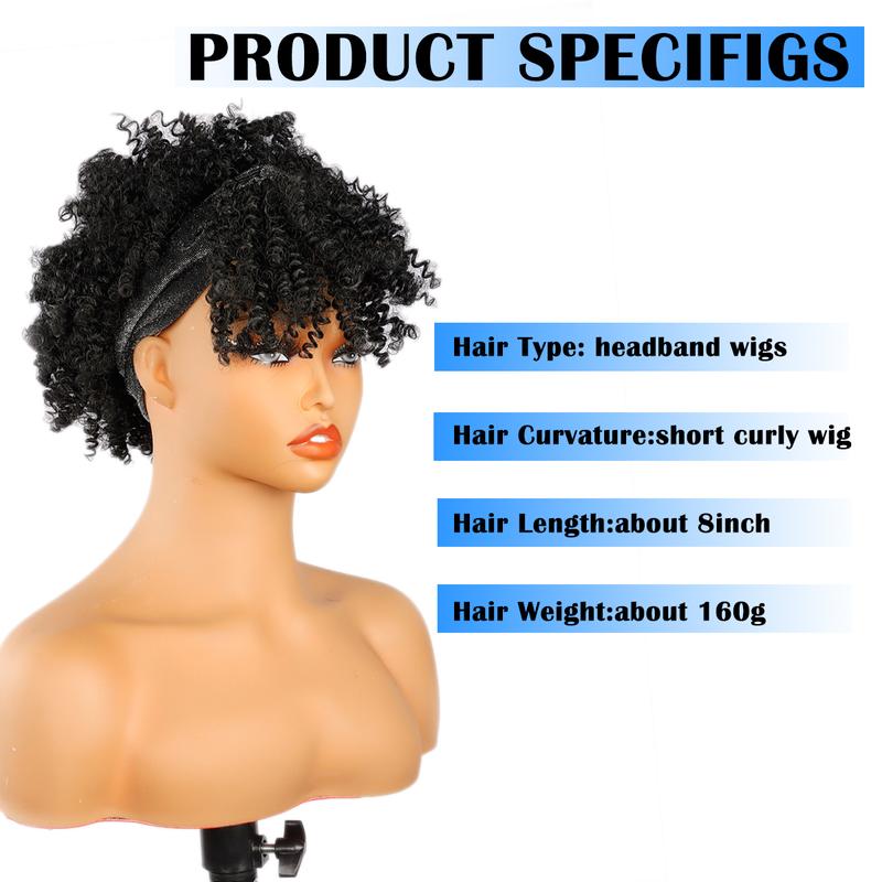 8inch Afro Kinky Curly Headband Wigs with Bangs 2 in 1 Turban Wigs with Headband Attached Premium Heat-Resistant Fibers for Women wrap strap