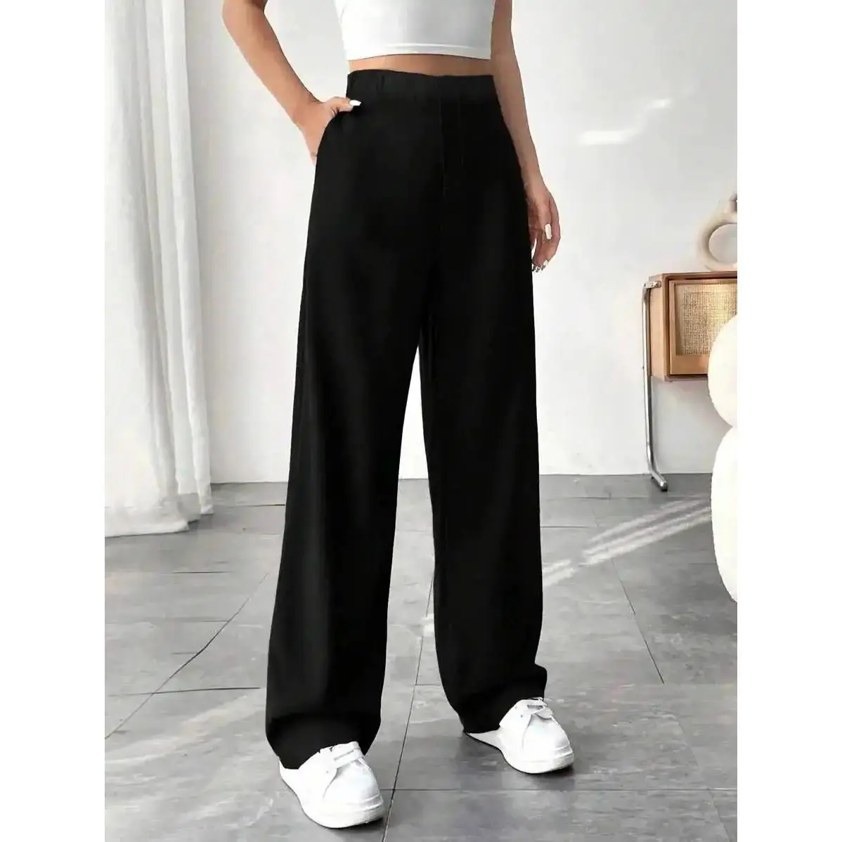 Girls/Teen Loose Outdoor Sports Exercise Fashionable Minimalist Plain Color Straight Leg Trousers, Suitable For Spring/Autumn Age8-16Y