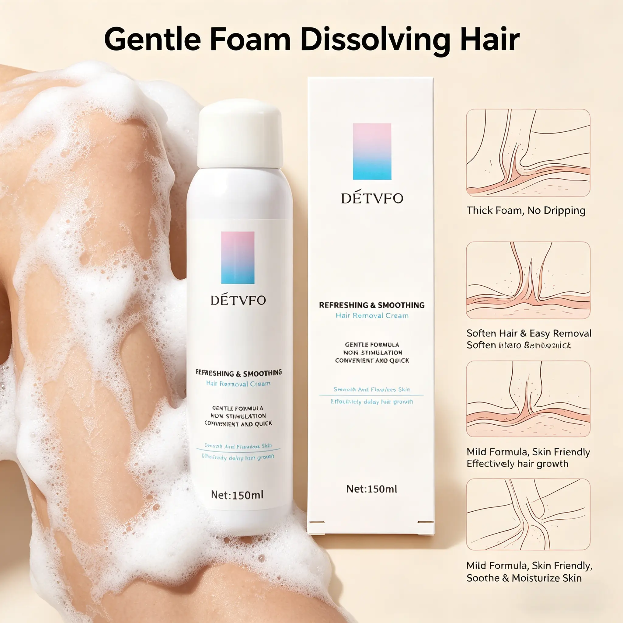 NEW! DETVFO Gentle Hypoallergenic Hair Removal Cream for Sensitive Skin - Aloe & Hyaluronic Acid, Moisturizing Foam Cosmetic for Body Care, Suitable for Men & Women (TikTok Shop Spring Glow Up)