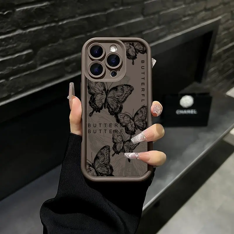 Premium Black Butterfly TPU Shockproof Phone Case with Sleek Lines, Lightweight and Durable, Exquisite Color, Compatible with iPhone 17 Pro Max 16 Pro Max 15 Pro 14 13 12 11 and Samsung Galaxy S25 S24 S23 Series Women's Phone Cases.A103