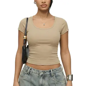 Slim Fit Ribbed Knit Top , Minimalist Street Casual Women's Tee,Lightweight Stretchy Short Sleeve,t shirts women tiktokshopspringglowup