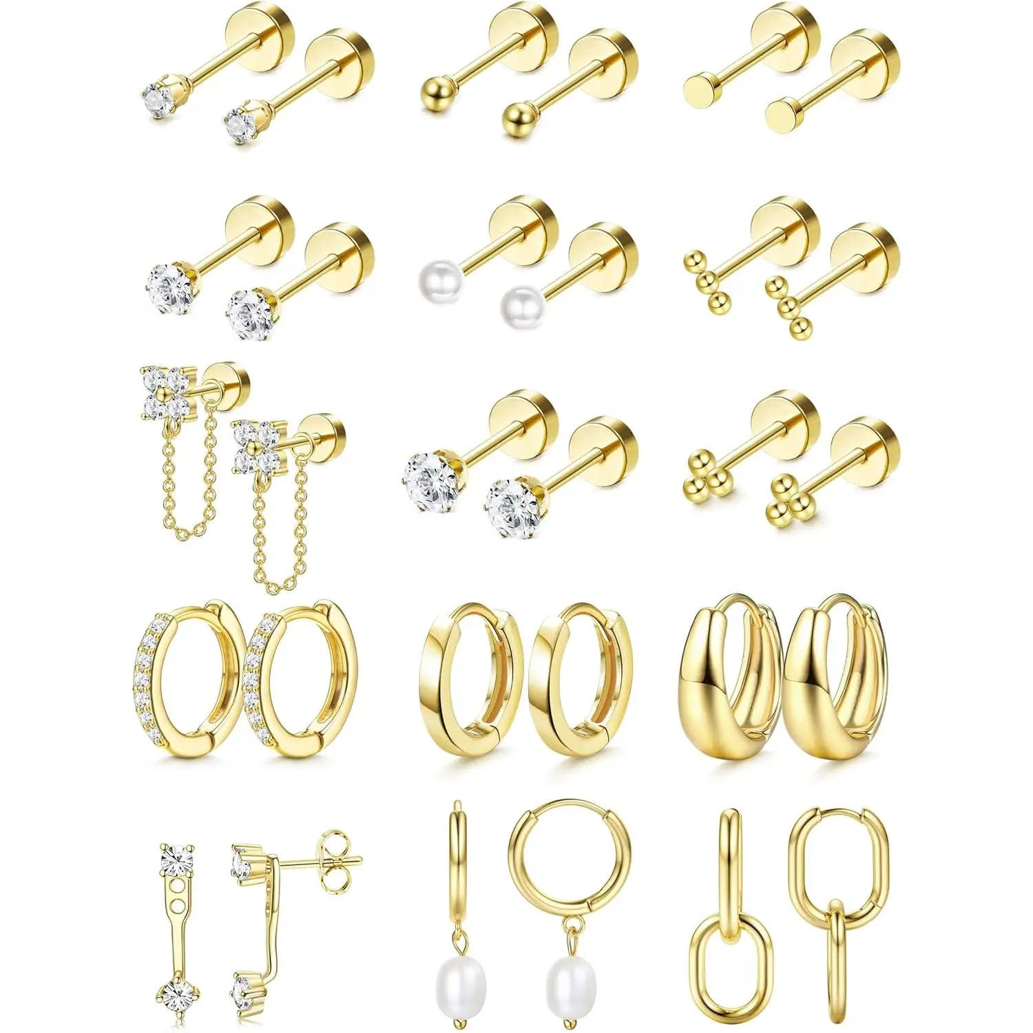 CASSIECA Women's 20G Hypoallergenic Surgical Steel Flat Back Earrings - Gold-Toned, Silver-Tone Metal Hoops/Studs for Sensitive Ears, Helix Piercings, Double Stacked Earring Stacks, Pain-Free Multiple Piercings, Earring For Women, Helix Piercing Earrings