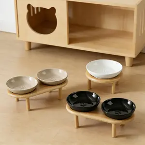Vintage Ceramic Pet Cat Bowl with Elevated Wooden Stand, Spine Protection Indoor Feeding Bowl for Cats and Dogs, 1pc/2pcs Set
