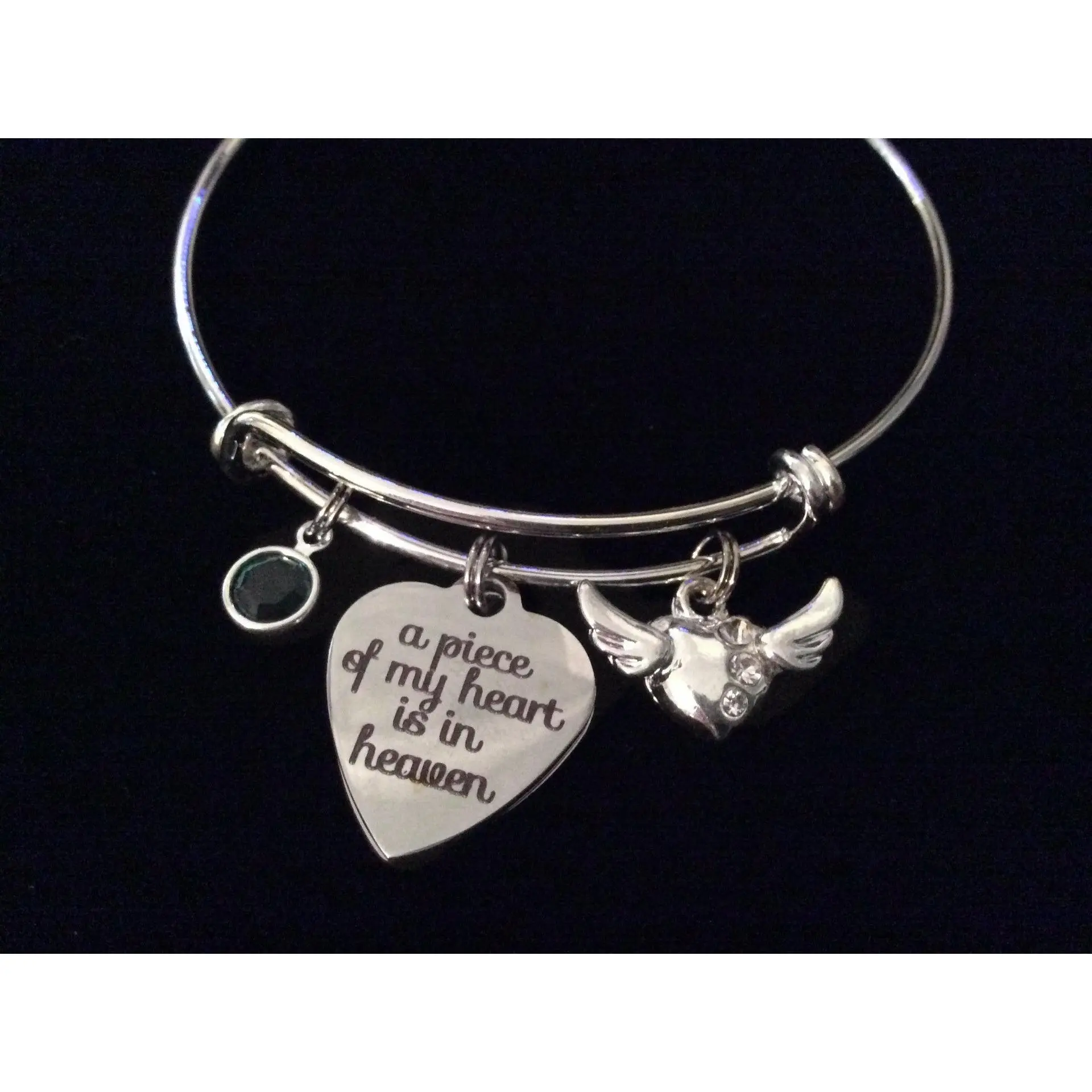 Memorial A Piece of My Heart is in Heaven Expandable Charm Bracelet Adjustable Wire Bangle Silver Angel Wings