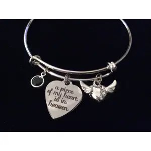 Memorial A Piece of My Heart is in Heaven Expandable Charm Bracelet Adjustable Wire Bangle Silver Angel Wings