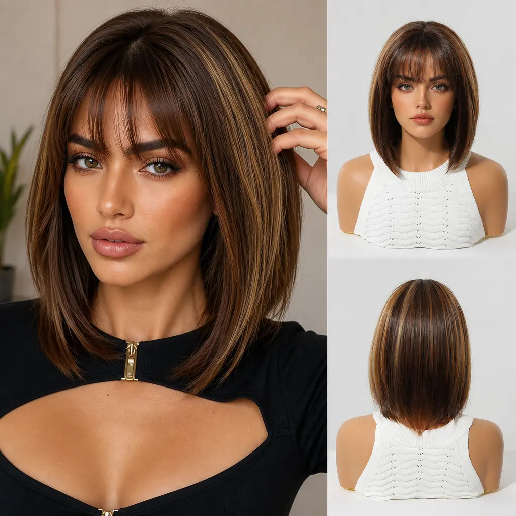 Women's 12in Brown Gold Highlight Straight Synthetic Wig - Short Bob With Bangs, Heat Resistant, Rose Net Cap, For Daily & Party Use soft natural