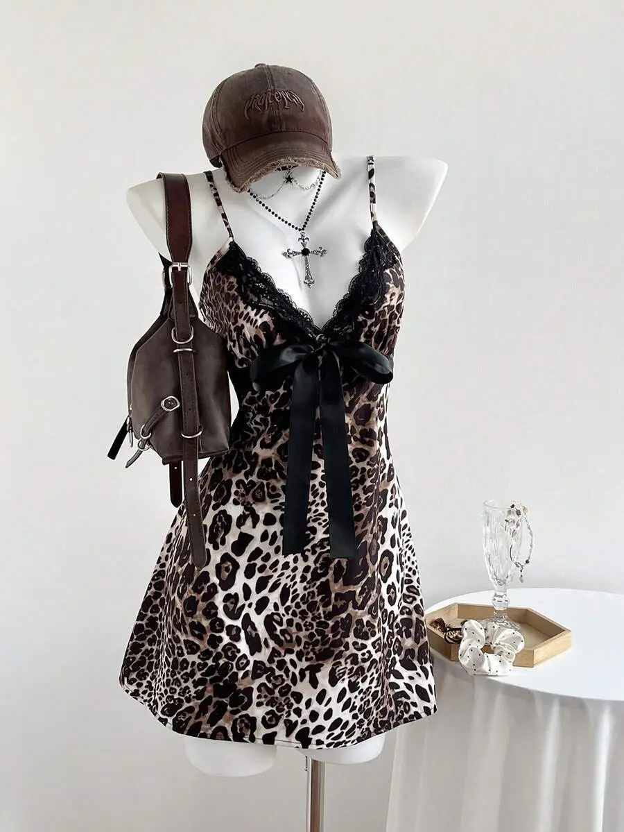 1pc Women's Leopard Print Spaghetti Strap Lace Cinched Waist A-Line Mini Dress, Trashy Y2k Party Club Night, Beige Summer Casual Street Style Dress