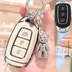 Modern Car Key Case with Rhinestone Bear Keychain, Soft Tpu Key Protection Cover, Key Fob Protector, Car Key Accessory for Hyundai Elantra Sonata Tucson, 2013-2019