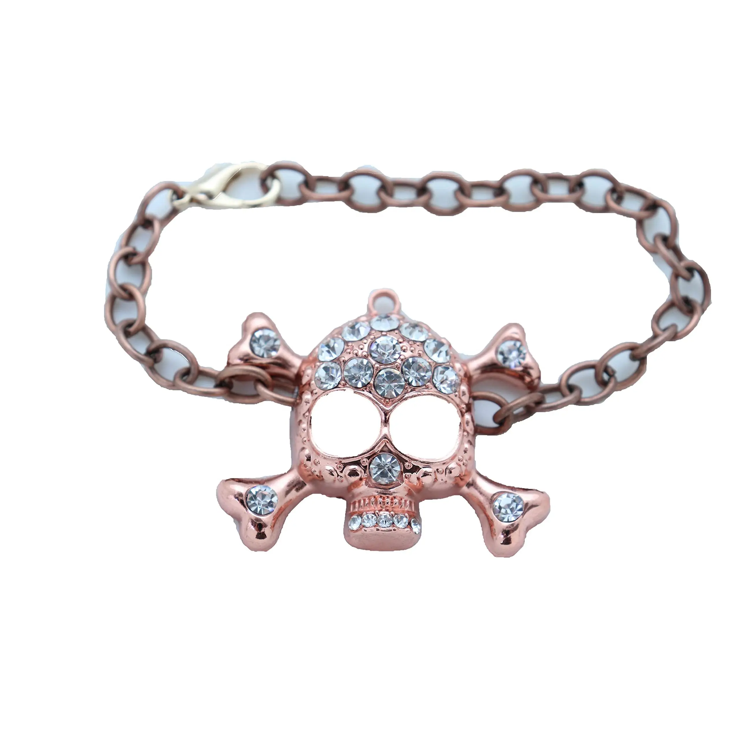 Women Fashion Jewelry Metal Chain Wrist Bracelet Bling Shiny Skeleton Skull Charm Biker Style (Bronze)