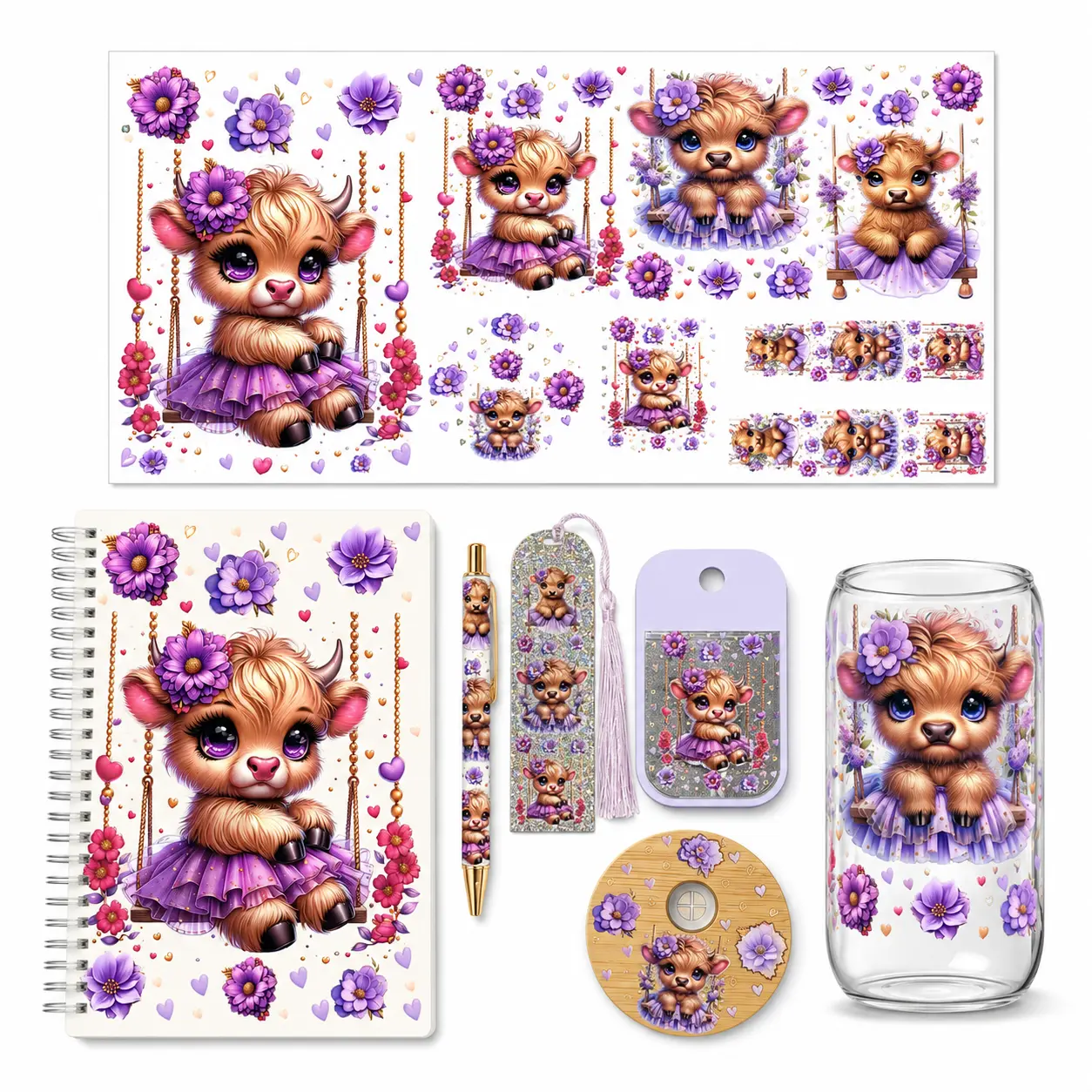 summerwins Highland Cow Sticker Packs - 5 Sets of 6pcs Die-Cut Adhesive Decorations with Random Surprises, Pen Wrap Cute, Bookmark Decor, 16oz Lid Accents, 45ml Spray Labels, A5 Notebook Embellishments, Surprise Designs DIY Scrapbooking Craft Kit