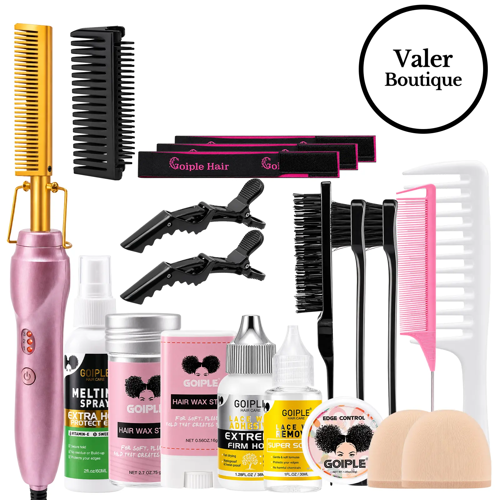 19 counts Electric Hot Comb Hair Straightening Comb Curling Iron for Wigs Beard and Natural Hair，Lace Front Wig Black Women Lace Glue Wig Install Kit，Pressing Combs Wig Glue Hair Wax Set Comfort Salon Anti-Scald Attachment Temperatures Adjustable