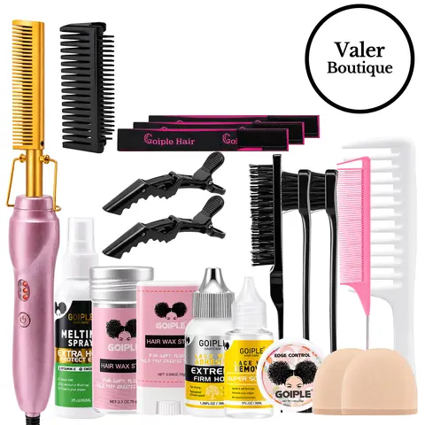 19 counts Electric Hot Comb Hair Straightening Comb Curling Iron for Wigs Beard and Natural Hair，Lace Front Wig Black Women Lace Glue Wig Install Kit，Pressing Combs Wig Glue Hair Wax Set Comfort Salon Anti-Scald Attachment Temperatures Adjustable