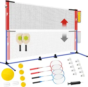 Pickleball Badminton Net Set for Backyards, All-in-One Portable Volleyball Combo Set with Adjustable Net, Volleyball Pickleball Paddles & Badminton Rackets for Indoor Outdoor