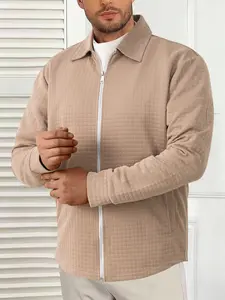 Viral Grid Textured Zip Up Shirt | Men's Casual Collared Long Sleeve | TikTok Trendy Waffle Shacket