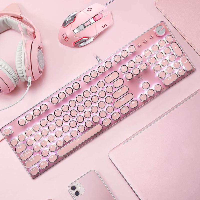 XINMENG Wired Pink Typewriter Keyboard and Mouse Combo,Retro Vintage Mechanical Gaming Keyboard with White LED Backlit,104 Keys Anti-Ghosting Blue Switch Cute Keyboard,Round Keycaps,4 Color Backlit Mouse,Pink Mousepad for Desktop PC/Laptop Mac