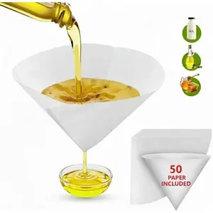 50 Filter Papers Premium Grease Container 10 Inch Spoon Oil Filter Kitchen Cooking Reusable Strainer Separator Holder Deep Fryer Paper Food Cones Maple Syrup Pot Frying Cone Tray Lid (1)