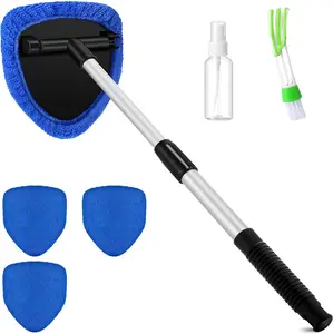 Windshield Cleaner Tool Car Window Cleaning Wash Kit with 4 Reusable Microfiber Pads 1 Spray Bottle and Extendable Handle Auto Glass Wiper Kit